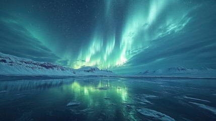 Naklejka premium Winter landscape. Night sky with northern lights. Green light reflecting in water. Cold winter night with mountain and sky.