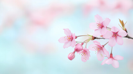 Naklejka premium Delicate pink cherry blossoms blooming on branch, soft pastel blue and pink bokeh background highlighting springtime serenity