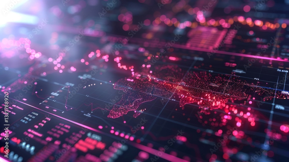 Poster A detailed digital map is displayed with glowing pink data points and metrics, showcasing a tech focused environment illuminated by futuristic lighting at night.
