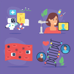 Collection of blend of health technology elements, including robot, DNA structure, and medical professionals engaged in patient care and research activities