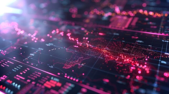 A detailed digital map is displayed with glowing pink data points and metrics, showcasing a tech focused environment illuminated by futuristic lighting at night. - Powered by Adobe