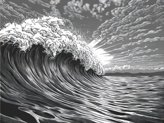Ocean wave crashing, sunrise, coastal background, surfing art