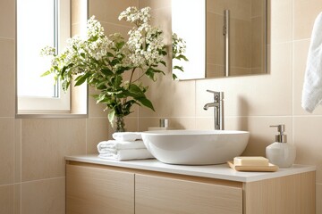 Fototapeta premium A modern bathroom featuring a stylish sink, light-colored cabinetry, fresh flowers, and natural light from a nearby window, creating a serene ambiance.