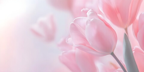 Fototapeta premium soft pink tulips on sky background. trendy, concept women's day, march, 8th . Wallpaper background. , top view, copy space, spring, summer, macro