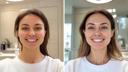 Fototapeta premium A woman taking a selfie before and after a facial treatment, visibly happier with her glowing skin.