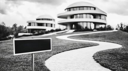 Fototapeta premium Modern white homes with curved architecture set against a cloudy sky in monochrome tones.