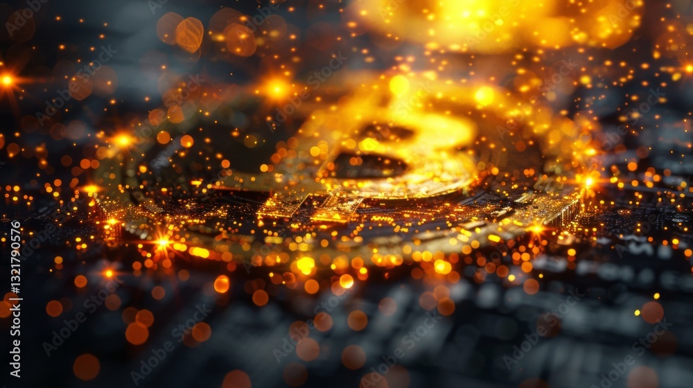 Poster a golden bitcoin symbol illuminated by glowing particles stands out against a dark, textured backgro