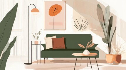 Obraz premium Serene Minimalist Living Room with Abstract Art and Plants