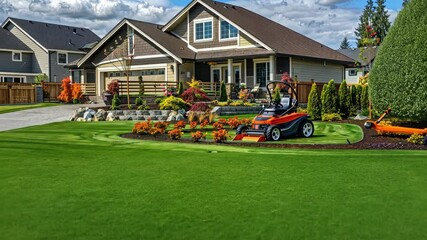 Lawn maintenance activity showcases a professional mower working on a beautifully landscaped property in a suburban area