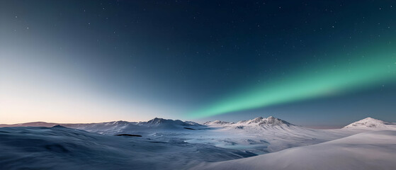 Naklejka premium Aurora Borealis Illuminates A Snow Covered Arctic Landscape During Twilight with Stars in The Sky
