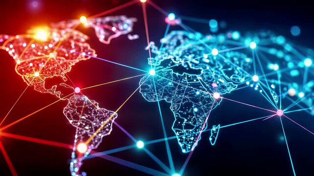 Digital world map with glowing network connections and illuminated nodes. Global data visualization with red and blue gradient. Technology concept with international connectivity grid. Abstract