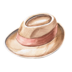 Straw men's hat as a vacation attribute. Isolated watercolor illustration for clothing store design, headwear, travel blogs.