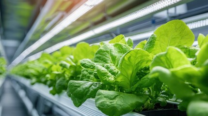 A row of plants with green leaves are growing in a greenhouse