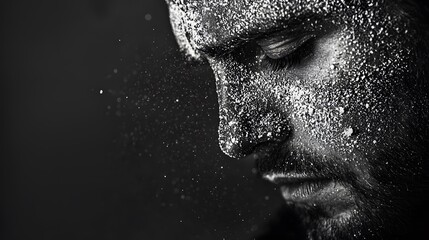 Close-up of a single tear rolling down a dusty face, black and white, high contrast, cinematic emotional depth