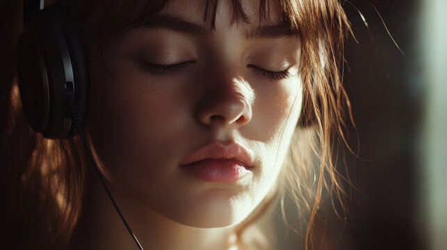 Close-Up of Woman Listening to Music with Eyes Closed