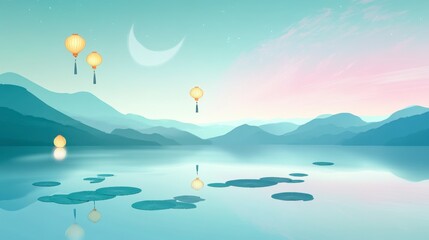 Serene Mountain Lake Scene with Floating Lanterns - A Breathtaking Pastel Landscape Painting