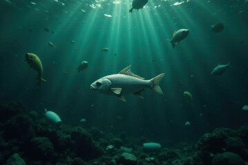 Fototapeta premium Submerged Serenity A Single Fish Illuminated by Sunbeams Piercing the Deep Ocean Depths