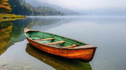 Obraz premium A foggy morning scene with an abandoned wooden boat on the silent edge of a mountain lake.
