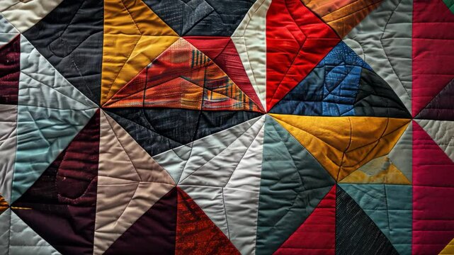 Geometric patterns on a quilt, intricate textures and bold colors