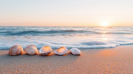 Obraz premium Serene Sunset Over Shells on Tranquil Beach with Gentle Ocean Waves and Soft Sand