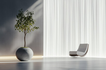Modern interior with tree and lounge chair