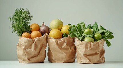 Freshly delivered locally grown fruits and vegetables packed in eco-friendly paper bags or textile shopping bags, zero waste vegetarian nutrition concept