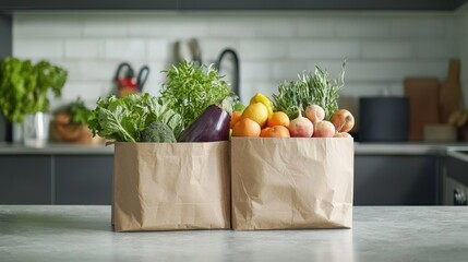 Freshly delivered locally grown fruits and vegetables packed in eco-friendly paper bags or textile shopping bags, zero waste vegetarian nutrition concept