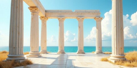 Fototapeta premium Serene Coastal Colonnade A Vision of Classical Architecture and Tranquil Seascape