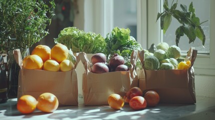 Freshly delivered locally grown fruits and vegetables packed in eco-friendly paper bags or textile shopping bags, zero waste vegetarian nutrition concept
