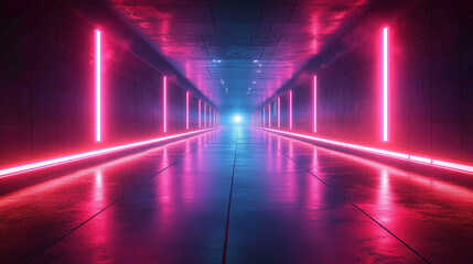 Naklejka premium A Journey Through A Vibrant Neon Tunnel, Pulsating With Pink And Blue Light Reflecting On A Wet, Futuristic Floor