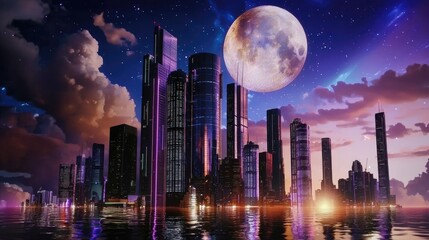 Obraz premium A futuristic city skyline under construction, glowing with a digital network of progress.