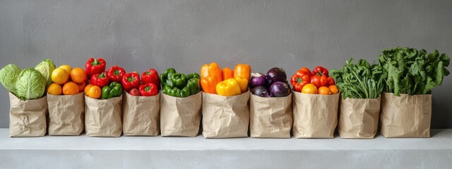 Freshly delivered locally grown fruits and vegetables packed in eco-friendly paper bags or textile shopping bags, zero waste vegetarian nutrition concept