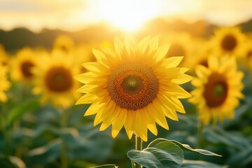 Fototapeta premium Bright Sunflower in Bloom Against Sunlit Field at Sunset