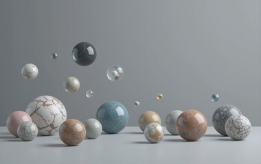 3D rendered stone ang glass spheres on a light surface with a reflective effect.
