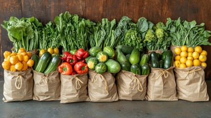 Freshly delivered locally grown fruits and vegetables packed in eco-friendly paper bags or textile shopping bags, zero waste vegetarian nutrition concept