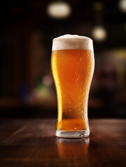 Cerveza espumosa y helada con gotas en el vaso.