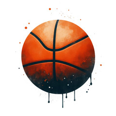 Watercolor clipart of a basketball bursting with motion and paint splashes, isolated for use in sports-themed designs and promotional material.