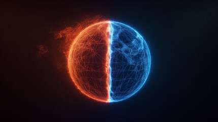 Naklejka premium A wireframe globe hovering in a dark void, half of it pulsing with blue neon lines and the other radiating fiery red, visualizing global polarization.