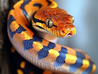 Fototapeta premium Orange Python Closeup for Tree Trunk.
