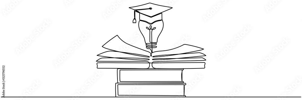 Wall mural lightbulb and graduation cap on stack of books continuous line drawn. creative smart idea symbol. ve
