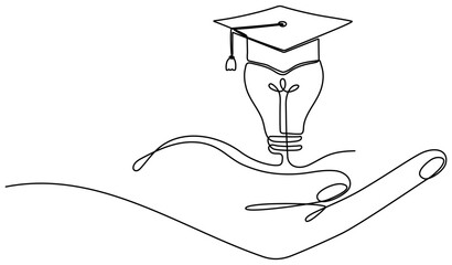 Light bulb and graduation cap in hand continuous line drawn. Creative smart idea symbol. Vector illustration isolated on white.
