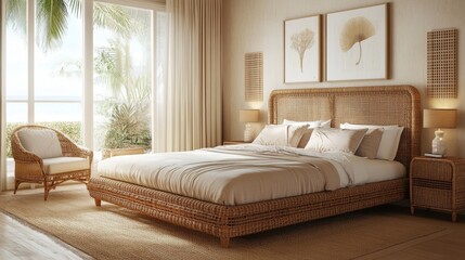 Elegant bedroom with rattan bed and beach view