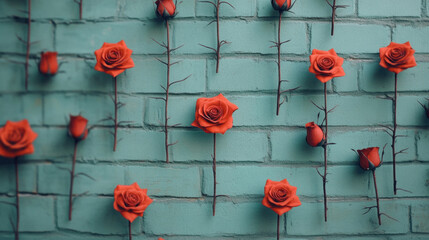 Rose and thorns, Floral design with red roses on a textured turquoise wall.