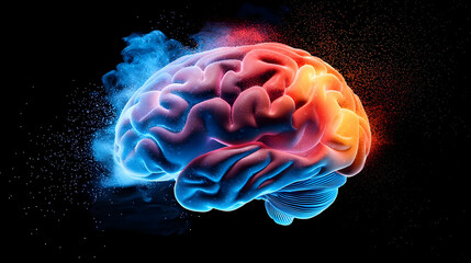 Obraz premium A 3D Rendering of A Human Brain Illuminated by Vibrant Hot and Cold Colorful Lights Against A Dark Background