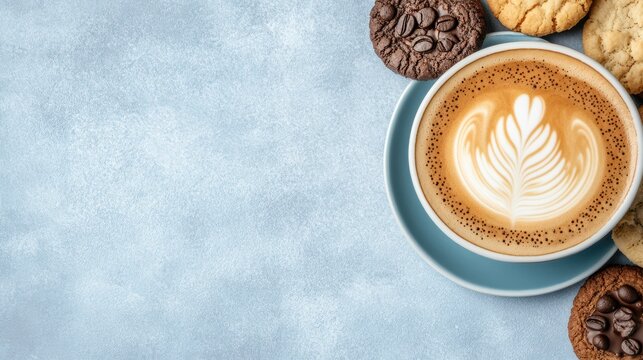 Coffee and Cookie Delight: Overhead shot of a charming coffee cup adorned with intricate latte art. The scene is embellished with a selection of tempting cookies scattered on a textured background