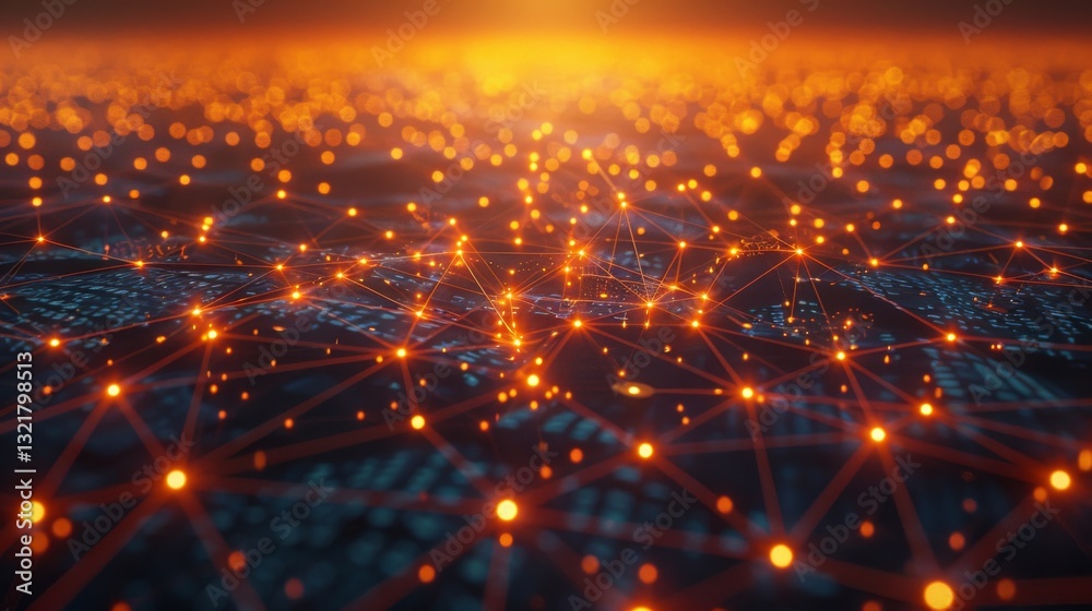 Aufkleber A vibrant display of interconnected lights forms a digital network as the sun sets, casting a warm glow over a city, representing advanced technology and connectivity.