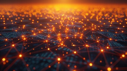 A vibrant display of interconnected lights forms a digital network as the sun sets, casting a warm glow over a city, representing advanced technology and connectivity.