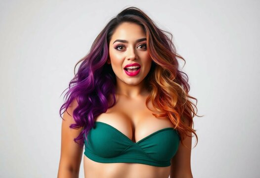 Vibrant ombre-haired woman in green strapless bra