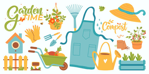 Colorful Gardening Tools and Spring Decorations Illustration with Greenery. Rubber boots, seedling, tulips, gardening cutters. Spring time © oksanagrytsyuk