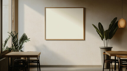 Minimalist Cafe Interior: A beautifully designed, modern cafe interior showcasing a blank framed picture on a clean wall, complemented by plants and wooden furniture.